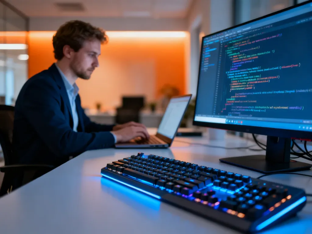 Programista pracujący przy laptopie w nowoczesnym biurze, skupiony na pisaniu złożonego kodu źródłowego.