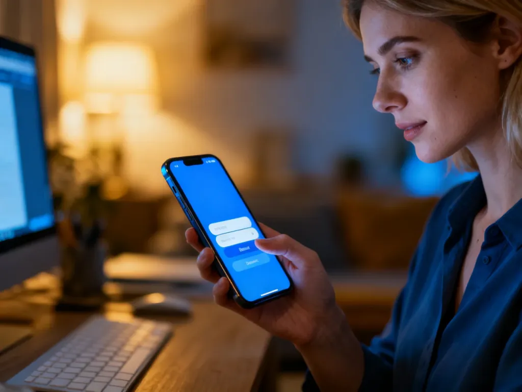 Kobieta loguje się do aplikacji bankowej na smartfonie w przytulnym domowym biurze.