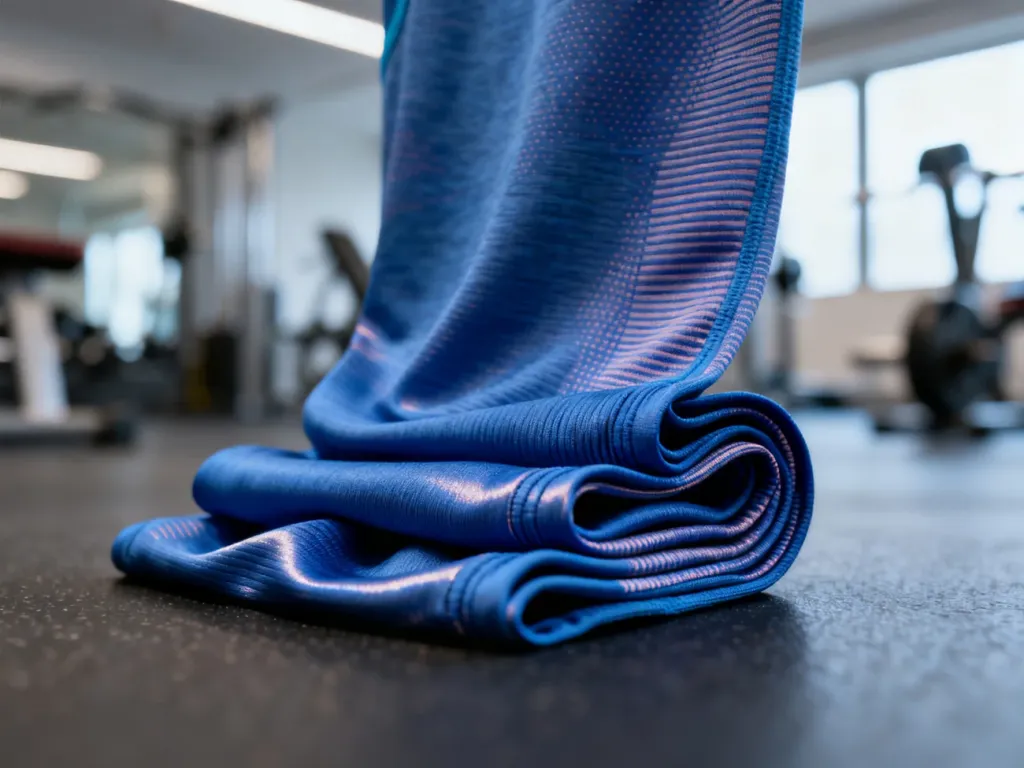 Zbliżenie na elastyczny materiał typu spandex o wyraźnej strukturze splotu, prezentujący jego właściwości w sportowym otoczeniu.