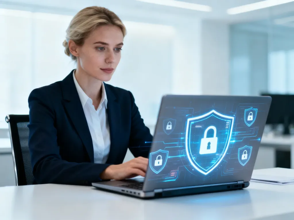 Profesjonalistka przy laptopie z ikonami cyfrowych zabezpieczeń, symbolizująca ochronę danych w programie Safe.