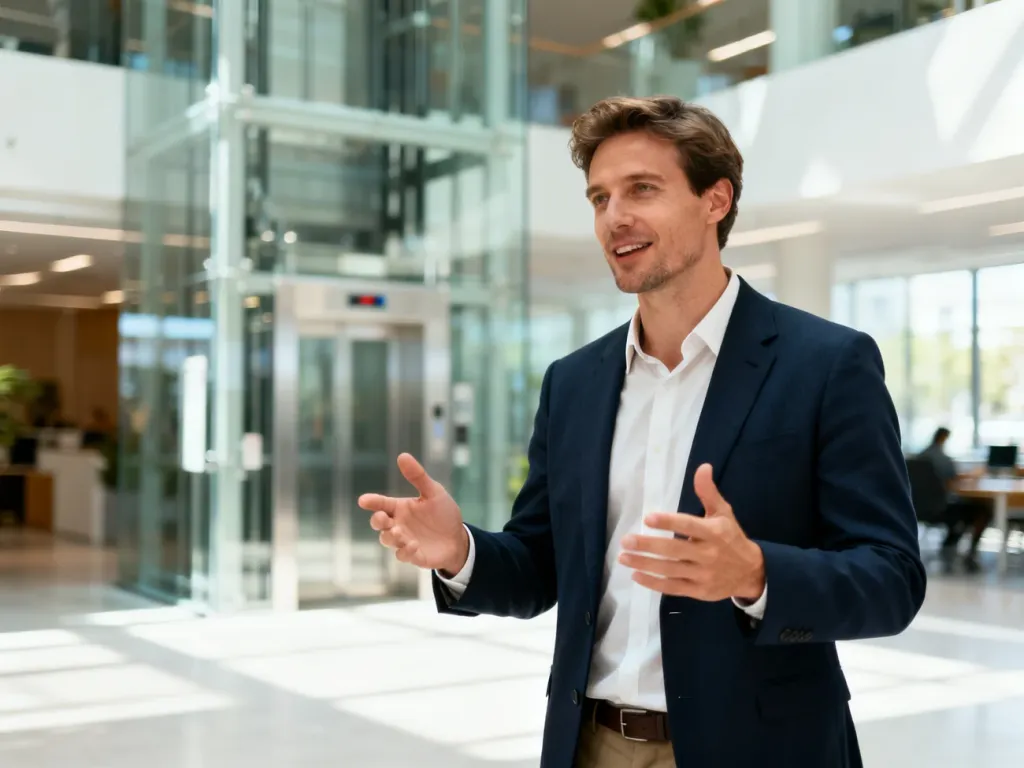 Pewny siebie mężczyzna w biurowym lobby gestykuluje podczas rozmowy, ilustrując profesjonalne podejście do elevator pitch.