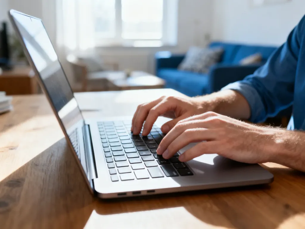 Dłonie osoby wpisującej dane na klawiaturze laptopa w jasnym, domowym biurze, ilustrujące bezpieczne logowanie do banku.