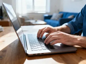 Kobieta pracująca przy laptopie w jasnym biurze, ilustrująca bezpieczne korzystanie z bankowości internetowej.