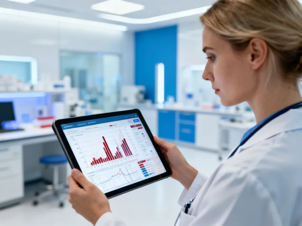 Lekarka analizująca wyniki badań krwi na tablecie w nowoczesnym laboratorium medycznym.