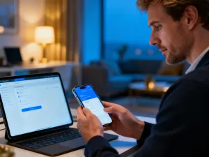 Pracownik biurowy analizujący wykresy finansowe na laptopie w nowoczesnym biurze.