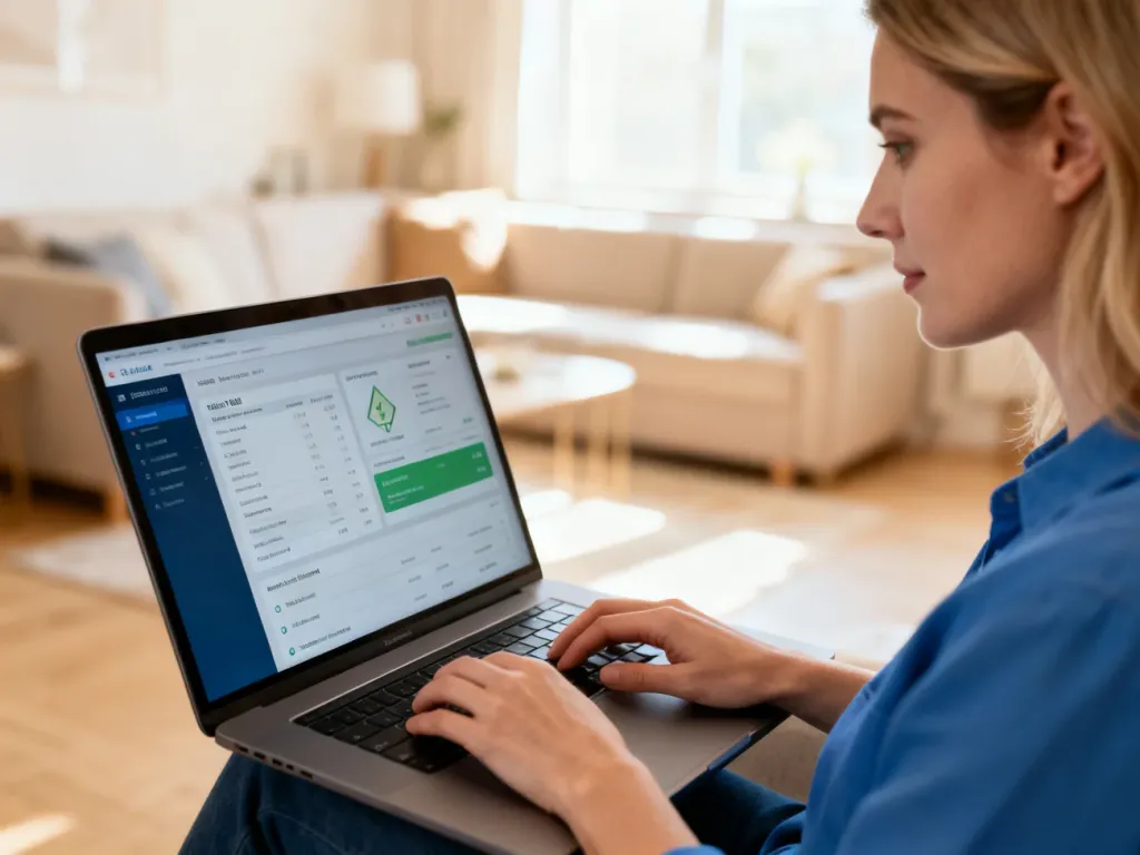 Kobieta korzystająca z laptopa w przytulnym wnętrzu, zarządzająca rachunkami za energię przez internet.