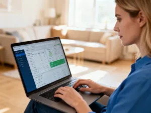 Kobieta pracująca przy laptopie w jasnym biurze, ilustrująca bezpieczne korzystanie z bankowości internetowej.