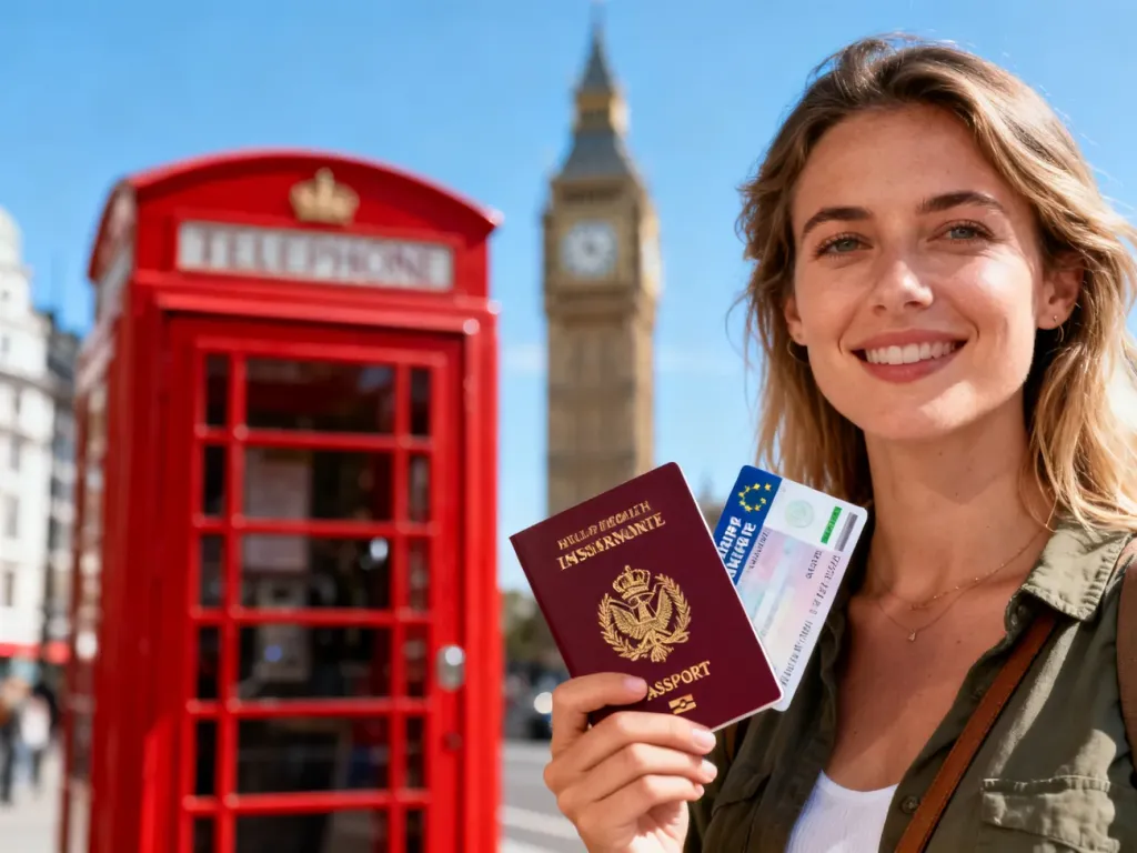 Kobieta trzymająca paszport i kartę EKUZ na tle londyńskiej budki telefonicznej oraz Big Bena.