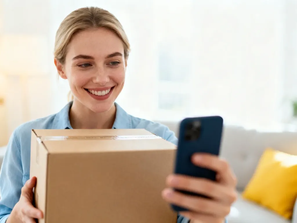 Uśmiechnięta kobieta trzymająca paczkę i sprawdzająca telefon, co symbolizuje wygodne zakupy online z Allegro Smart.